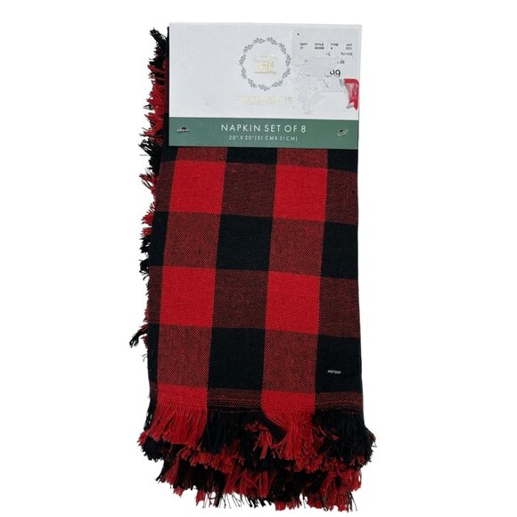 Rachel Ashwell Farmhouse Napkins Buffalo Plaid Red Black Fringe Set Of 8 Holiday - Picture 2 of 7